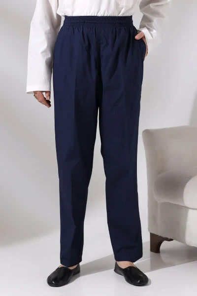 Men's Dark Blue Poplar Relaxed Cut Elastic Waist Hajj and Umrah Linen Harem Pants - IHVAN ONLINE