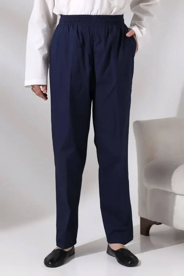 Men's Dark Blue Poplar Relaxed Cut Elastic Waist Hajj and Umrah Linen Harem Pants - 1