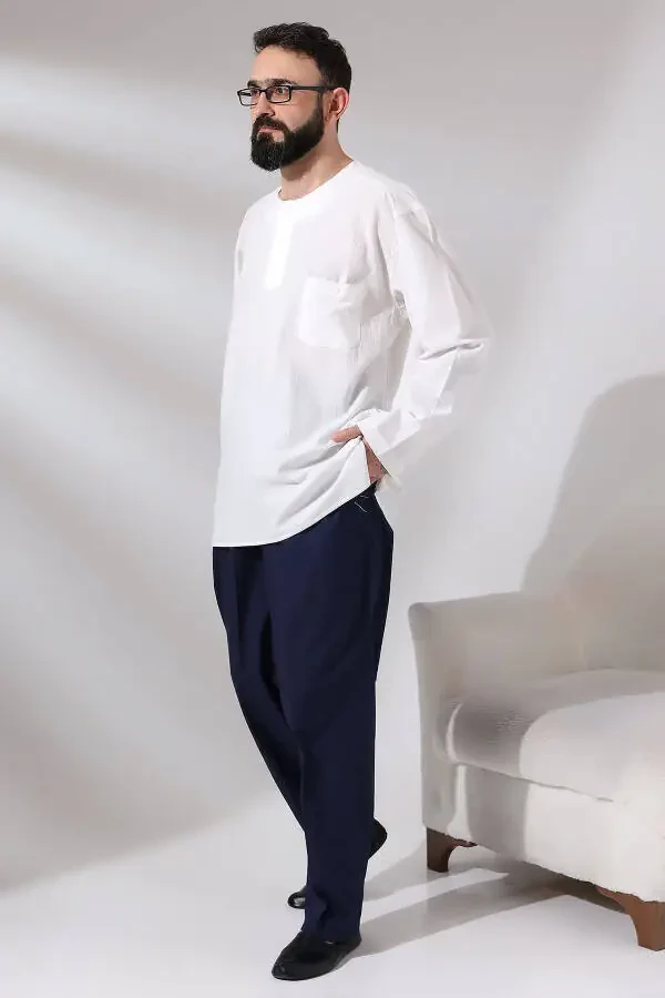 Men's Dark Blue Poplar Relaxed Cut Elastic Waist Hajj and Umrah Linen Harem Pants - 5