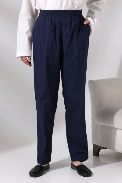 Men's Dark Blue Poplar Relaxed Cut Elastic Waist Hajj and Umrah Linen Harem Pants - 1