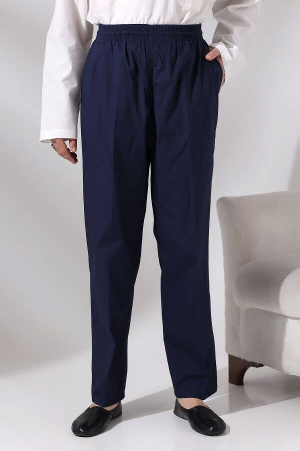 Men's Dark Blue Poplar Relaxed Cut Elastic Waist Hajj and Umrah Linen Harem Pants - 1