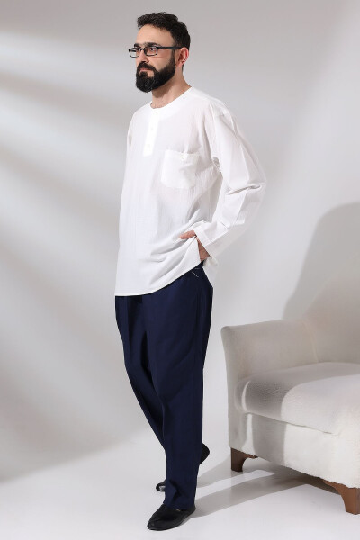 Men's Dark Blue Poplar Relaxed Cut Elastic Waist Hajj and Umrah Linen Harem Pants - 5