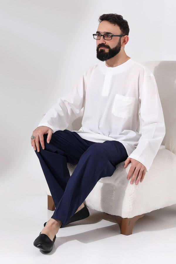 Men's Dark Blue Poplar Relaxed Cut Elastic Waist Hajj and Umrah Linen Harem Pants - 8