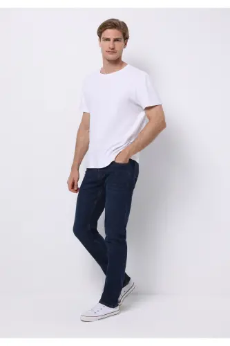 Men's dark blue, straight leg, low rise, regular fit pants. - 3