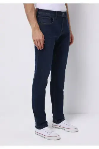 Men's dark blue, straight leg, low rise, regular fit pants. - 1