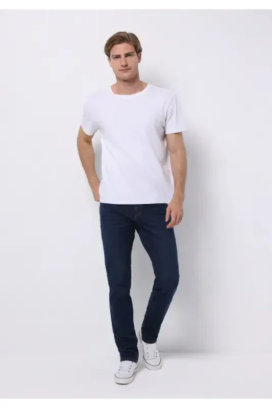 Men's dark blue, straight leg, low rise, regular fit pants. - 3