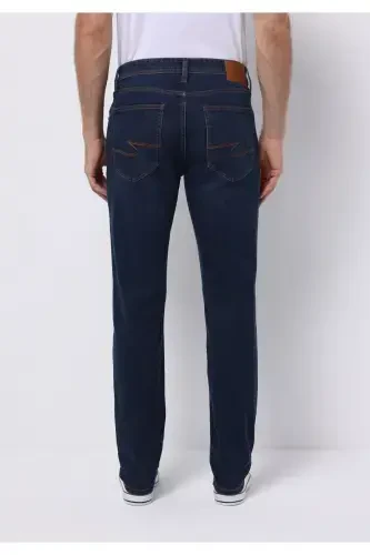 Men's dark blue, straight leg, low rise, regular fit pants. - 4