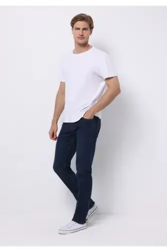 Men's dark blue, straight leg, low rise, regular fit pants. - 5