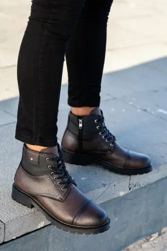 Men's Dark Brown Casual Fur-Lined Cold and Waterproof Comfortable Ankle Boots - Dark Brown - SANVIO TARZKAR (1)