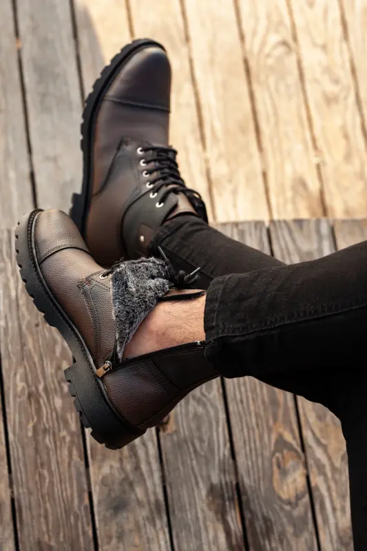 Men's Dark Brown Casual Fur-Lined Cold and Waterproof Comfortable Ankle Boots - Dark Brown - 3