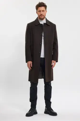 Men's Dark Brown Long Regular Fit Wool Blend Coat-DARK BROWN - 1