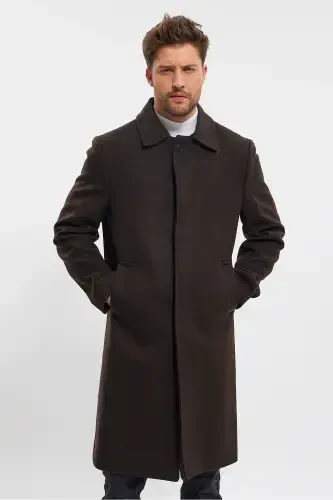 Men's Dark Brown Long Regular Fit Wool Blend Coat-DARK BROWN - TREND KOMBİN (1)