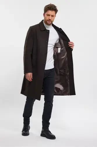 Men's Dark Brown Long Regular Fit Wool Blend Coat-DARK BROWN - 3