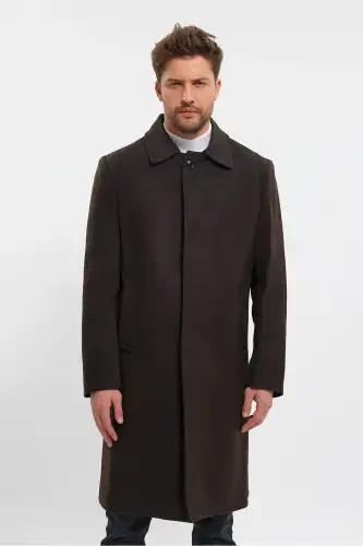 Men's Dark Brown Long Regular Fit Wool Blend Coat-DARK BROWN - 4