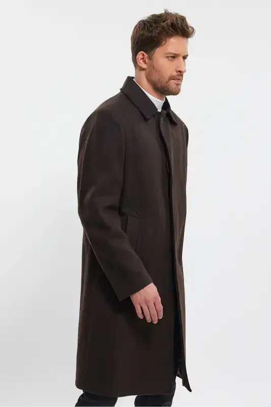 Men's Dark Brown Long Regular Fit Wool Blend Coat-DARK BROWN - 6