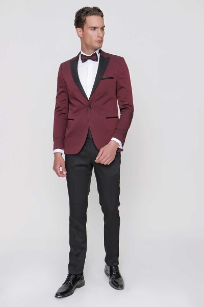 Men's Dark Burgundy Tayga Bow Tie Belt Ceremony Groom Suit - 2