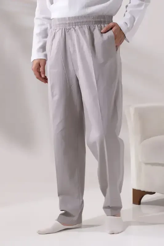 Men's Dark Gray Relaxed Fit Elastic Waist Linen Hajj and Umrah Pants - IHVAN ONLINE