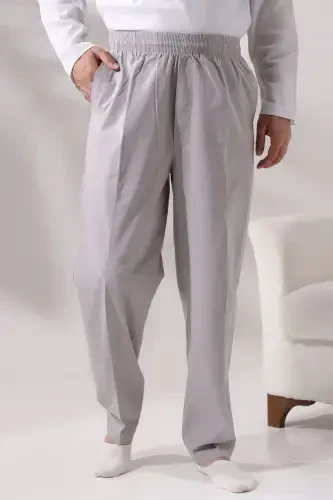 Men's Dark Gray Relaxed Fit Elastic Waist Linen Hajj and Umrah Pants - IHVAN ONLINE (1)