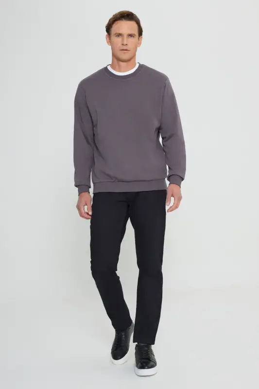 Men's Dark Gray Standard Fit Regular Fit Crew Neck 3 Thread Cotton Sweatshirt-Dark Gray - 2