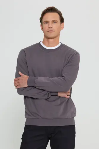Men's Dark Gray Standard Fit Regular Fit Crew Neck 3 Thread Cotton Sweatshirt-Dark Gray - 3