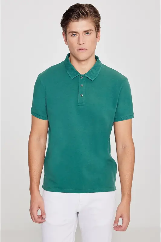 Men's Dark Green 100% Cotton Wrinkle-Resistant Pique Polo Shirt - 1