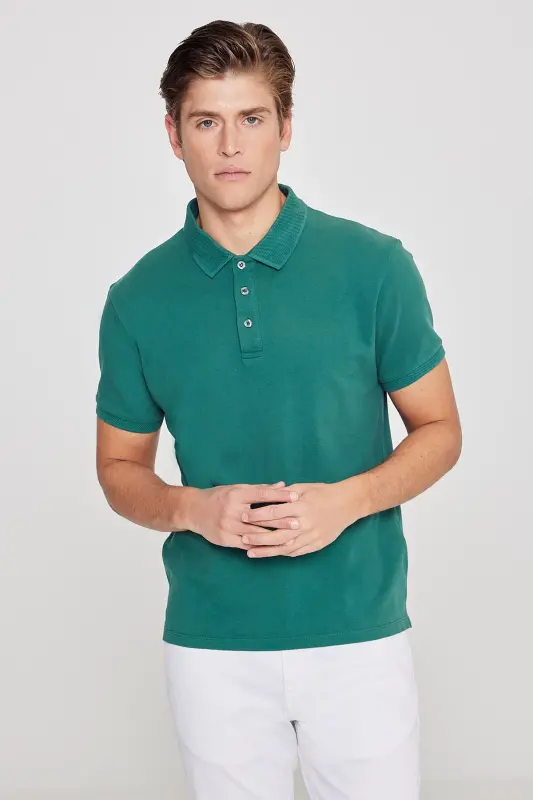 Men's Dark Green 100% Cotton Wrinkle-Resistant Pique Polo Shirt - 3
