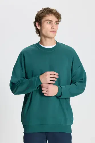 Men's Dark Green Oversized Loose Fit 3 Thread Crew Neck Cotton Sweatshirt-Dark Green - 3