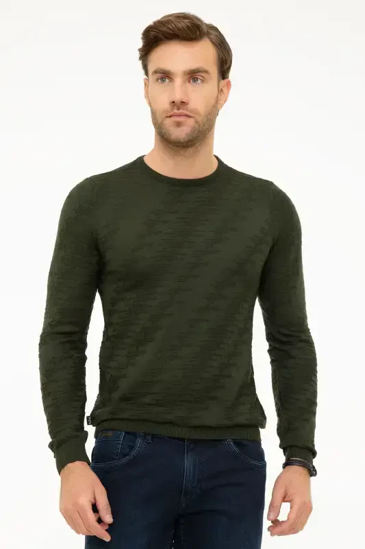 Men's Dark Green Slim Fit Crew Neck Knit Sweater G021GL0TK.000.867143-Dark Green - 2