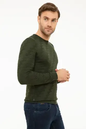 Men's Dark Green Slim Fit Crew Neck Knit Sweater G021GL0TK.000.867143-Dark Green - 3