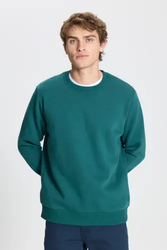 Men's Dark Green Standard Fit Regular Cut Fleece Lined 3-Thread Crew Neck Cotton Sweatshirt - Dark Green 