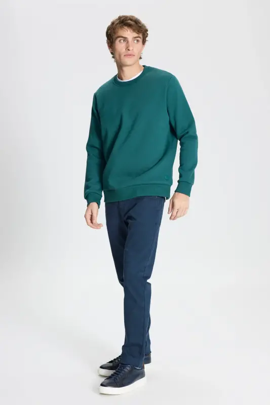 Men's Dark Green Standard Fit Regular Cut Fleece Lined 3-Thread Crew Neck Cotton Sweatshirt - Dark Green - 3