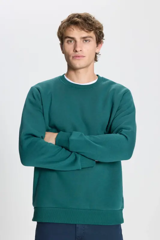 Men's Dark Green Standard Fit Regular Cut Fleece Lined 3-Thread Crew Neck Cotton Sweatshirt - Dark Green - 4