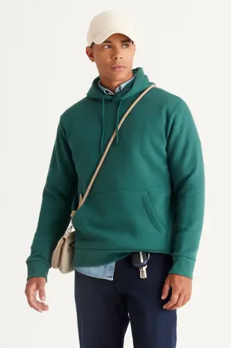 Men's Dark Green Standard Fit Regular Fit Fleece Lined 3 Thread Hooded Cotton Sweatshirt-Dark Green - 7