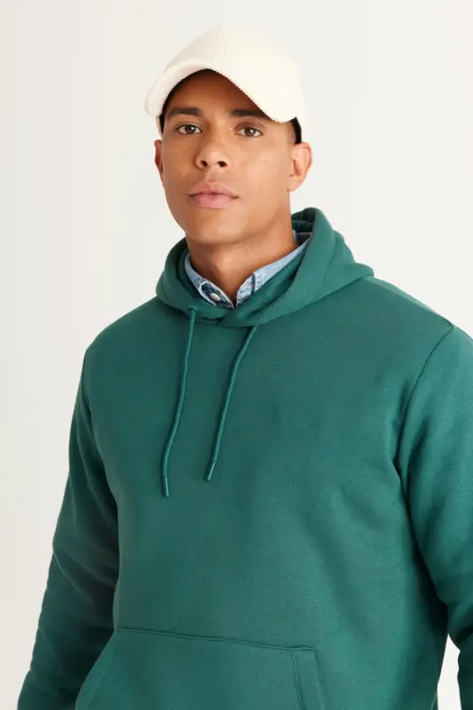 Men's Dark Green Standard Fit Regular Fit Fleece Lined 3 Thread Hooded Cotton Sweatshirt-Dark Green - 4