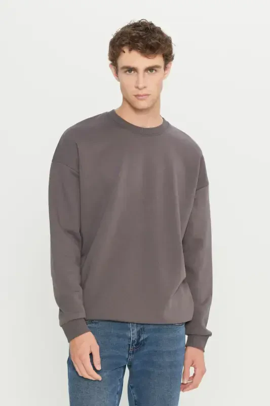 Men's Dark Grey Oversize Fit Loose Cut Cotton Fleece Lined 3 Thread Crew Neck Sweatshirt-Dark Grey - AC&CO / ALTINYILDIZ CLASSICS