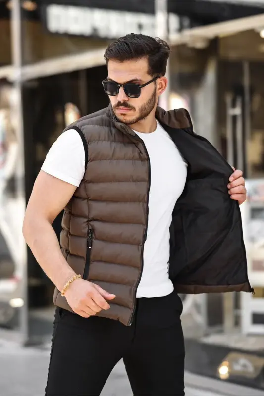 Men's Dark Khaki Padded Vest with Inner Lining - Waterproof-Dark Khaki - 3