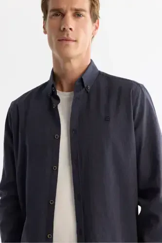Men's Dark Navy Button-Down Collar 100% Cotton Shirt B002033-Dark Navy - AVVA (1)