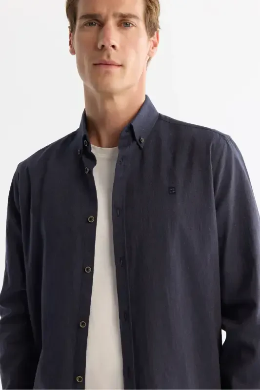 Men's Dark Navy Button-Down Collar 100% Cotton Shirt B002033-Dark Navy - 2