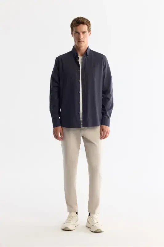 Men's Dark Navy Button-Down Collar 100% Cotton Shirt B002033-Dark Navy - 5