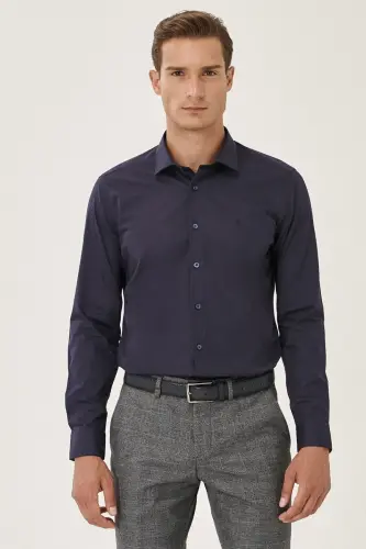 Men's Dark Navy Easy Iron Non-Iron Slim Fit Narrow Cut Classic Collar Cotton Shirt-Dark Navy 