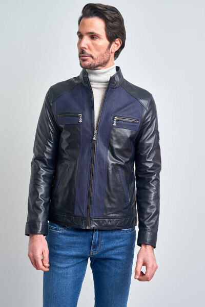 Men's Dark Navy Leather Jacket - 1