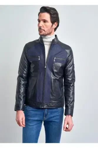 Men's Dark Navy Leather Jacket - 1