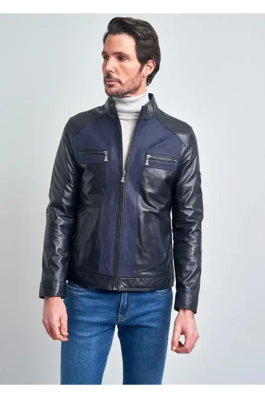 Men's Dark Navy Leather Jacket - 1