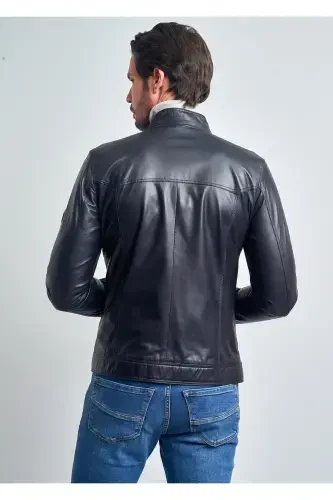 Men's Dark Navy Leather Jacket - 4
