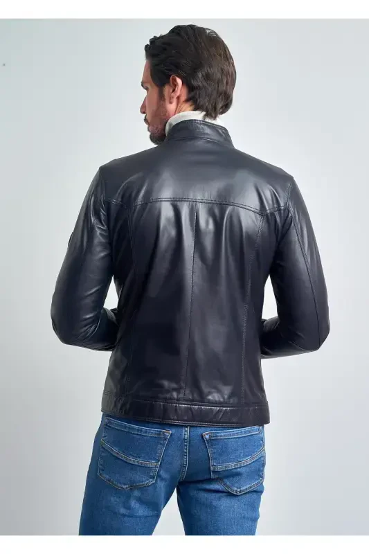 Men's Dark Navy Leather Jacket - 4