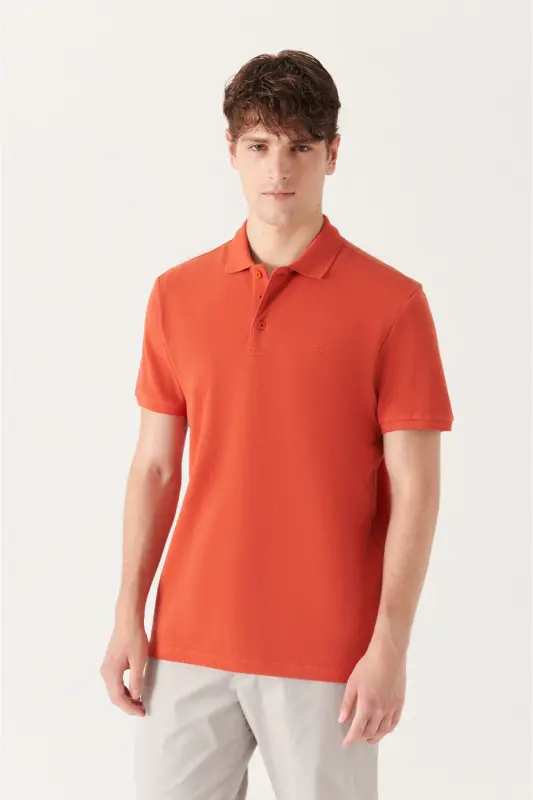 Men's Dark Orange 100% Cotton Cool Keeping Polo Collar T-shirt E001004-Dark Orange - 1