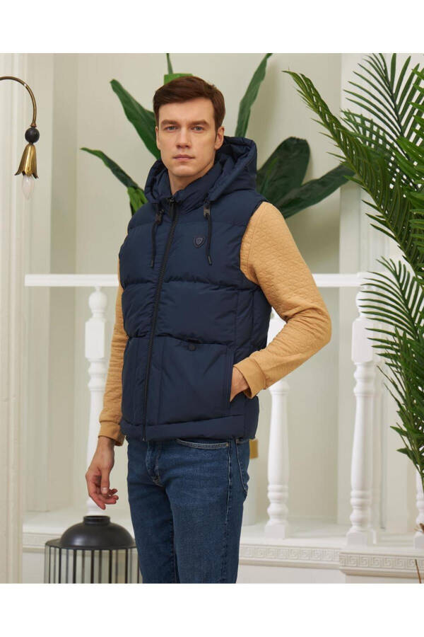 Men's Detachable Hooded Sports Puffy Vest Navy Blue - 8