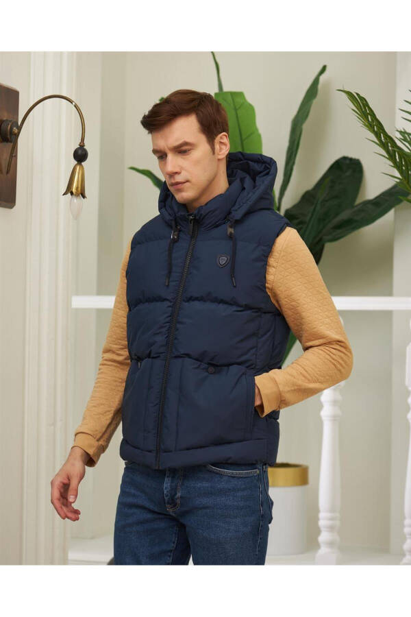 Men's Detachable Hooded Sports Puffy Vest Navy Blue - 11