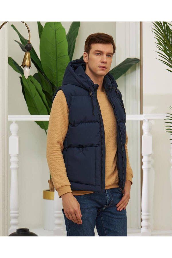 Men's Detachable Hooded Sports Puffy Vest Navy Blue - 12