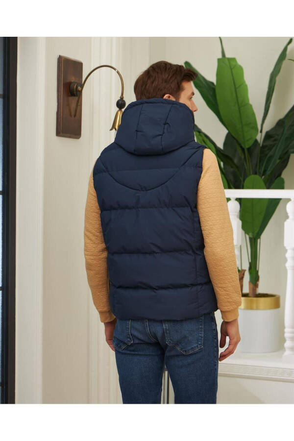 Men's Detachable Hooded Sports Puffy Vest Navy Blue - 14